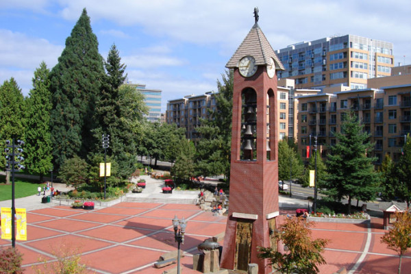 A view of a park and a clock tower
